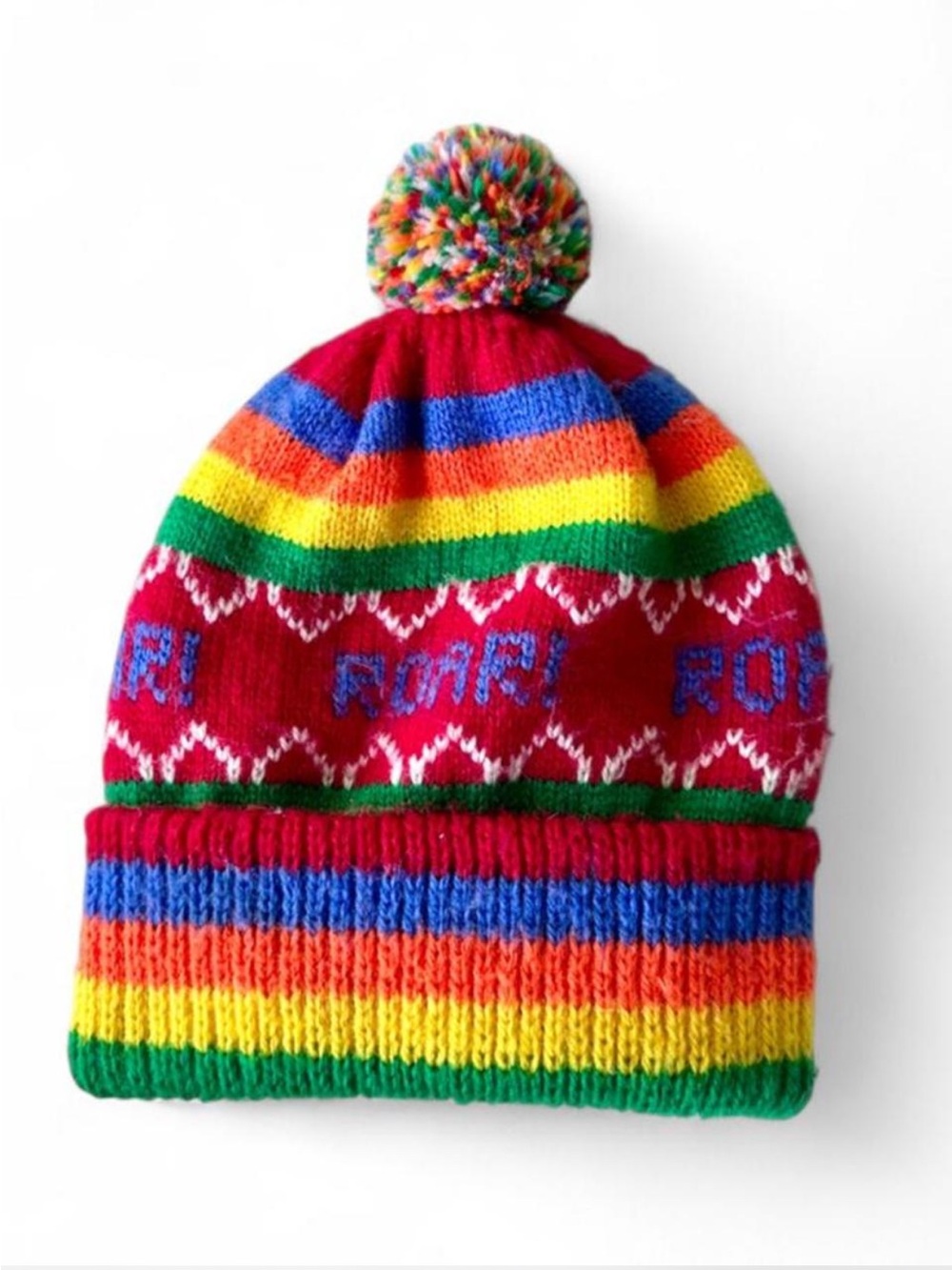 Vintage Knit Striped Rainbow Pom Pom Beanie - Multicolor